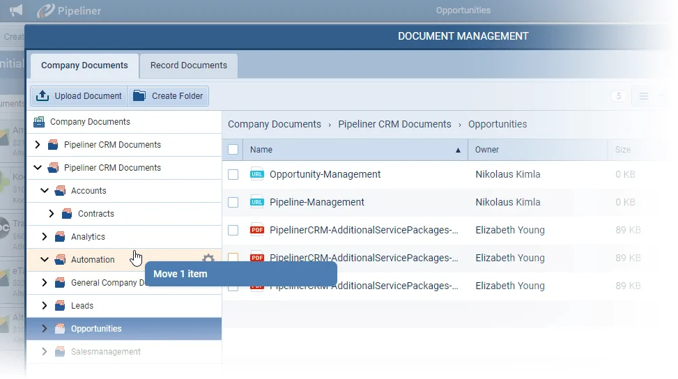 Coevera document management: a folder tree of company documents beside a file list of proposals and contracts, each showing its owner and size