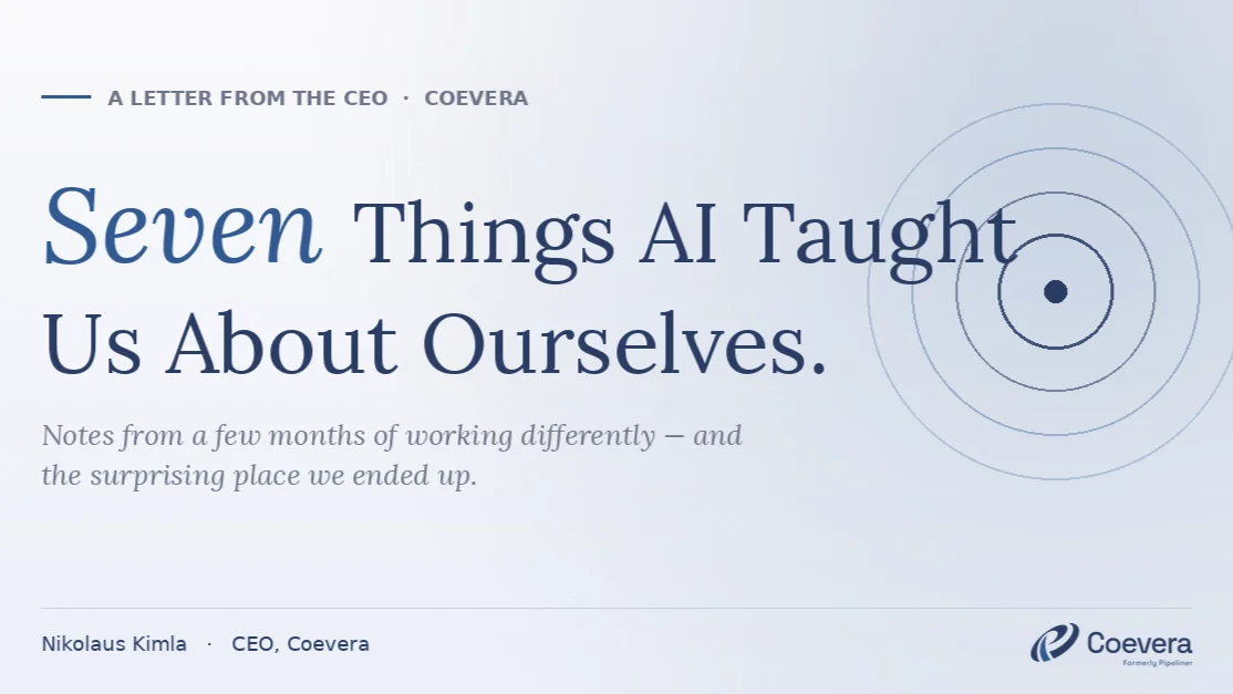 A letter from the CEO — the title 'Seven Things AI Taught Us About Ourselves' above the line 'Notes from a few months of working differently, and the surprising place we ended up', bylined Nikolaus Kimla, CEO of Coevera