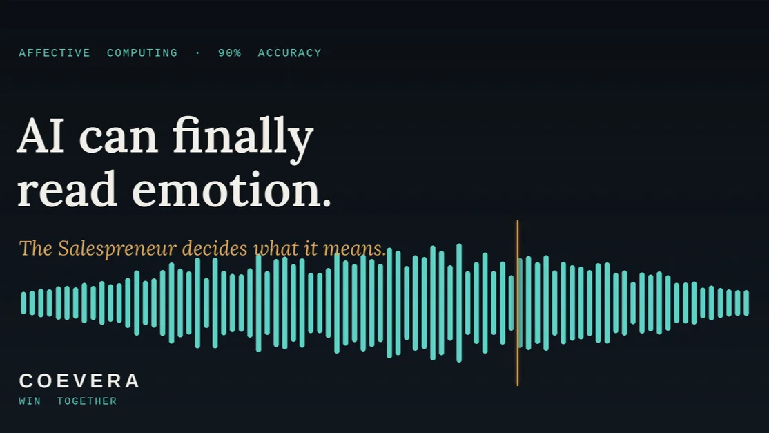 Coevera editorial cover — the headline 'AI can finally read emotion' over a teal voiceprint waveform with a gold marker, and the line 'The Salespreneur decides what it means'