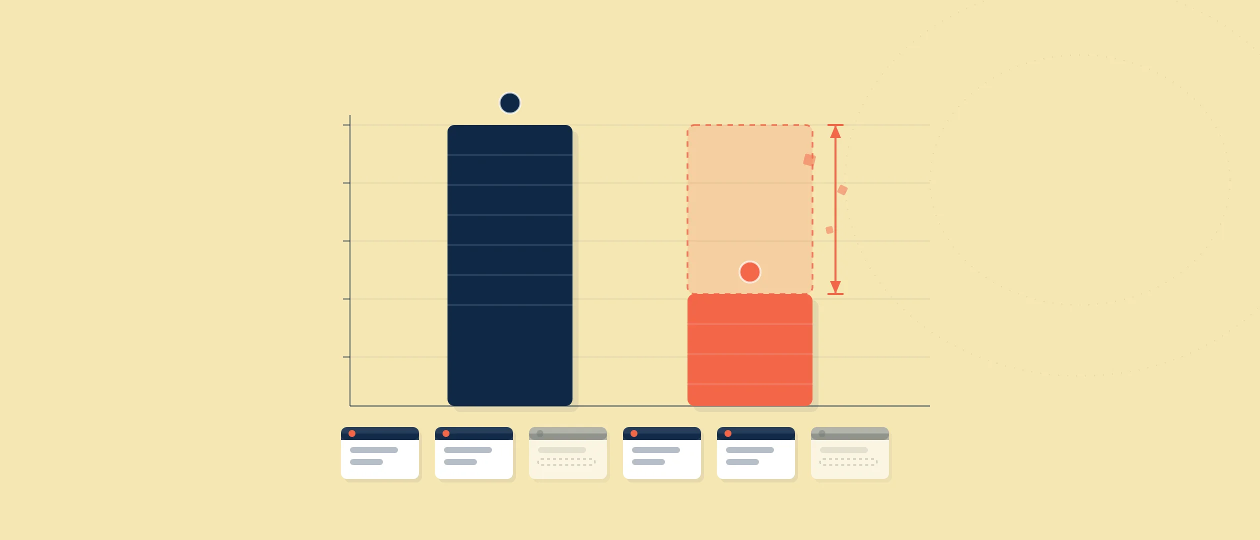 A tall confidence column beside a much shorter accuracy column on a value axis, a dashed accent ghost and bracket marking the wide gap between what teams assume and what is accurate, over a row of CRM record cards, several of them faded with empty dashed fields