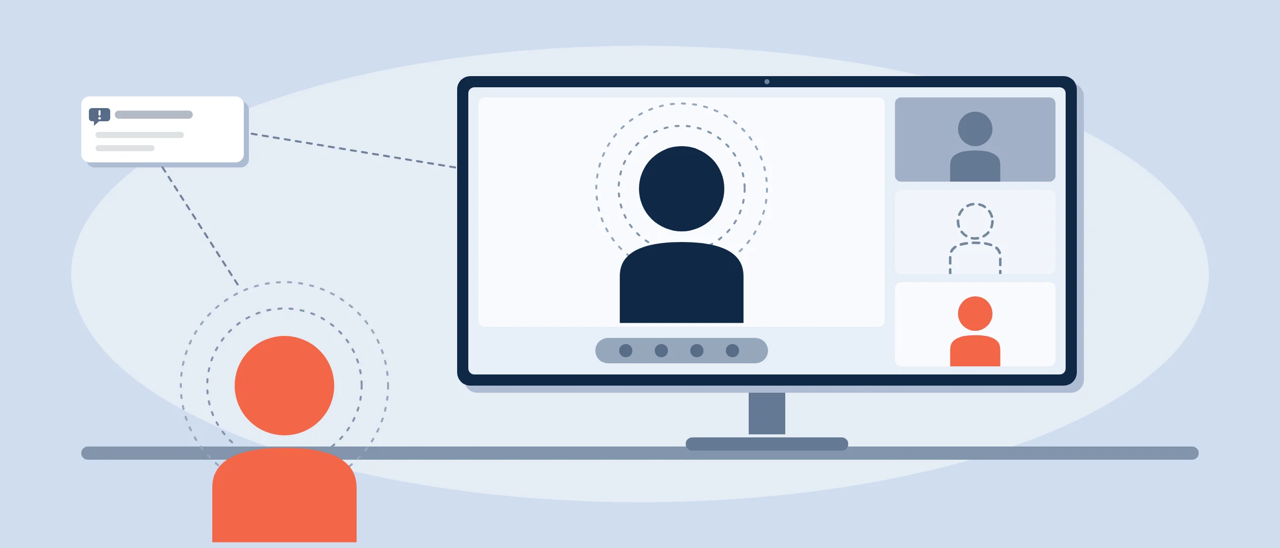 A seller in coral, seen from behind at a desk, faces a large screen on a video call: the buyer speaks in the main tile, ringed by dotted circles; beside it a second participant in grey, a third with the camera off drawn as a dashed outline, and the seller's own small view; a card with a warning-sign speech bubble is tied to the screen and to the seller