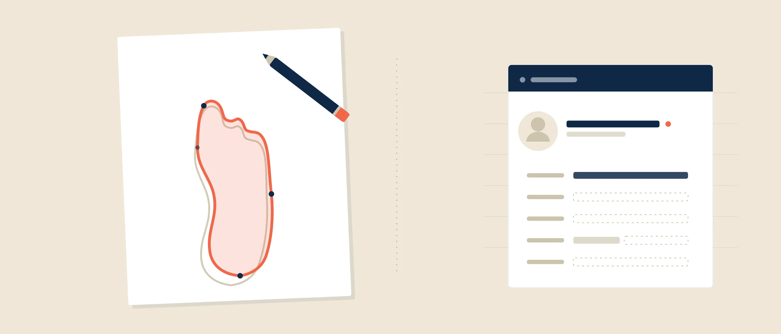 A hand-traced cobbler's last on a sheet of paper — one unique, irreplaceable outline — set beside a rigid database record of a person whose fields are mostly empty