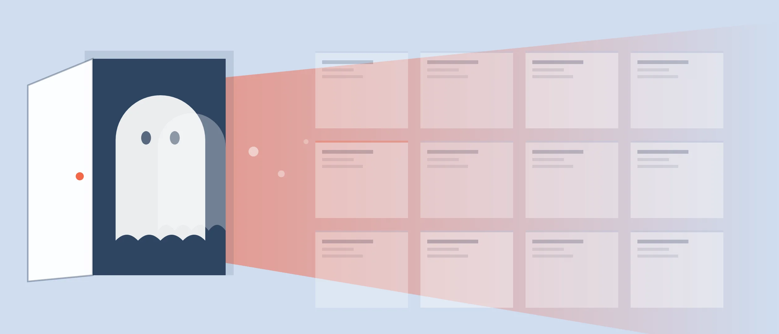 The ghost of homo economicus slipping through a door left ajar into an orderly grid of CRM record cards, trailing coral light across them