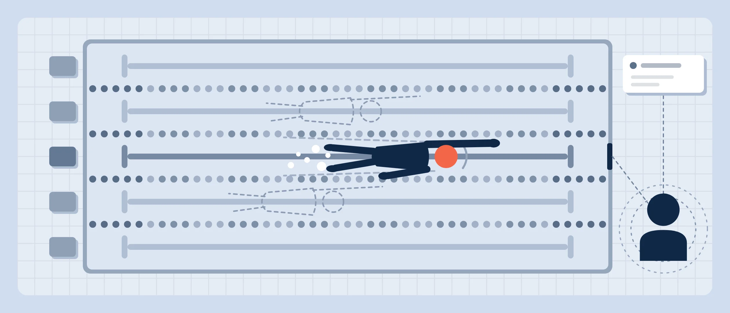 A pool seen from above: one swimmer in a coral cap follows the darkened line in the middle lane, two rivals trail as outlines in the next lanes, and the prospect waits on the deck at the finish