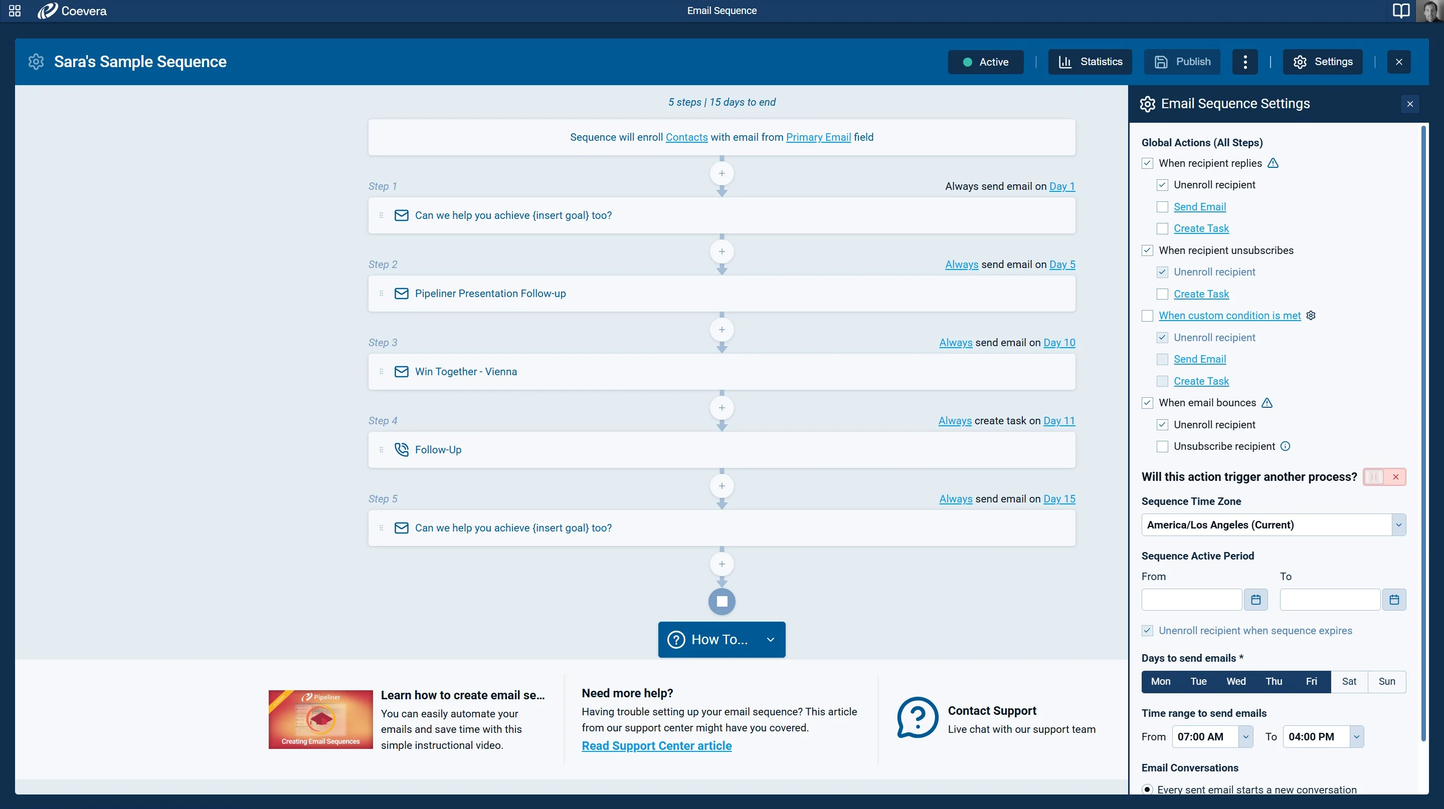 Coevera email sequences and automation view