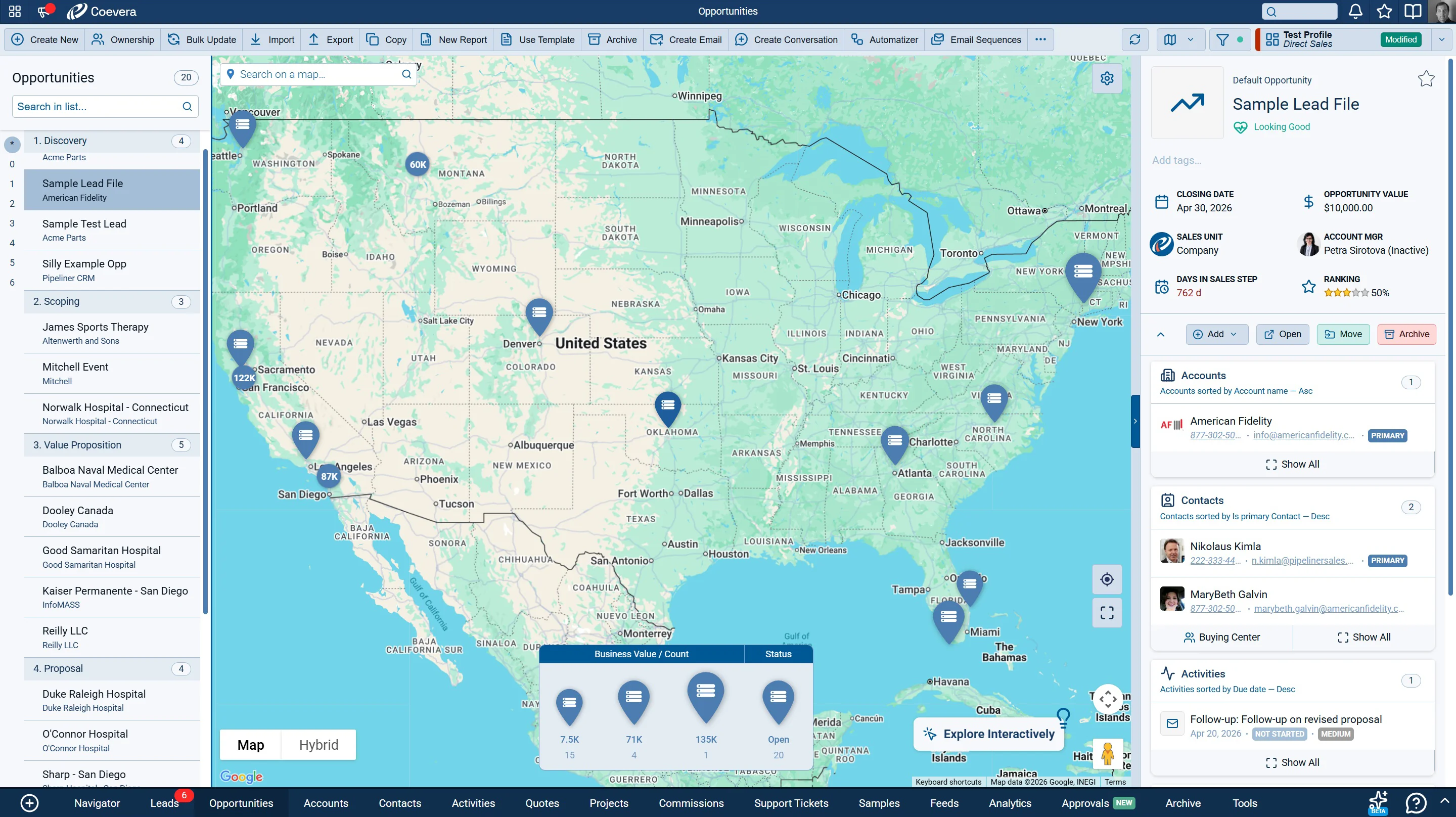 Coevera Map view showing accounts, opportunities and leads geographically