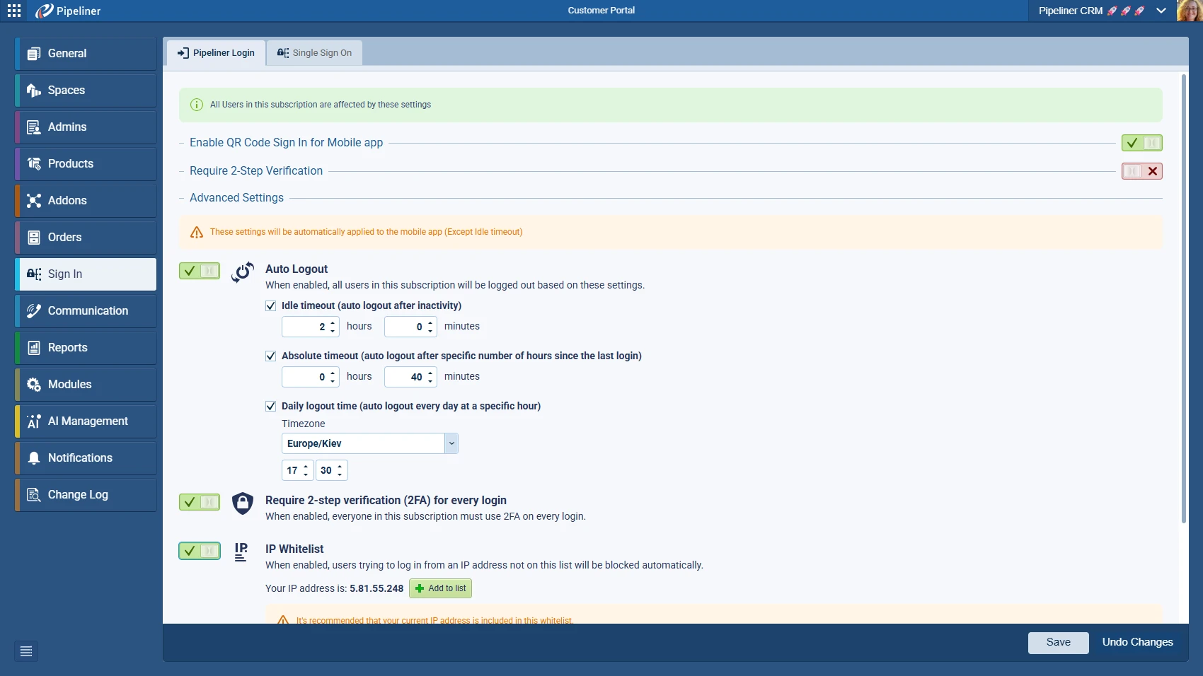 Coevera security and admin settings panel