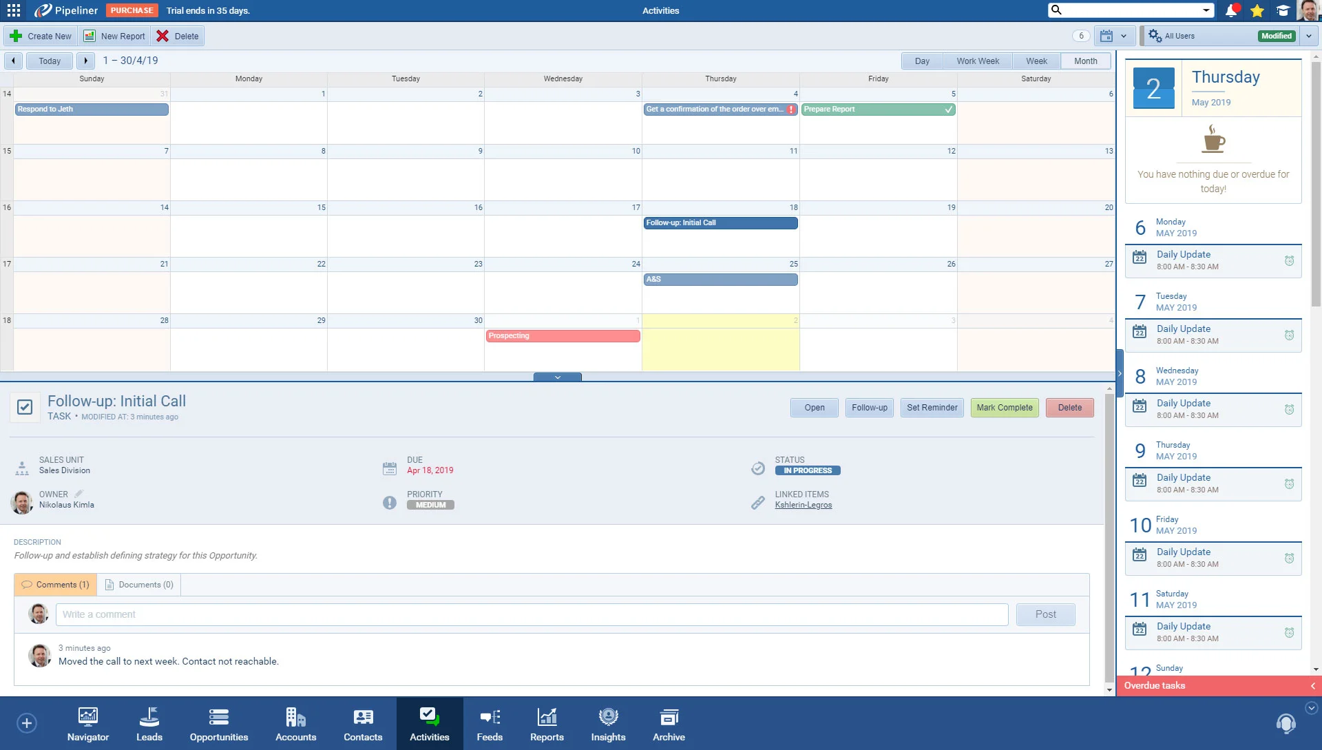 Activities calendar with a follow-up call task open below it