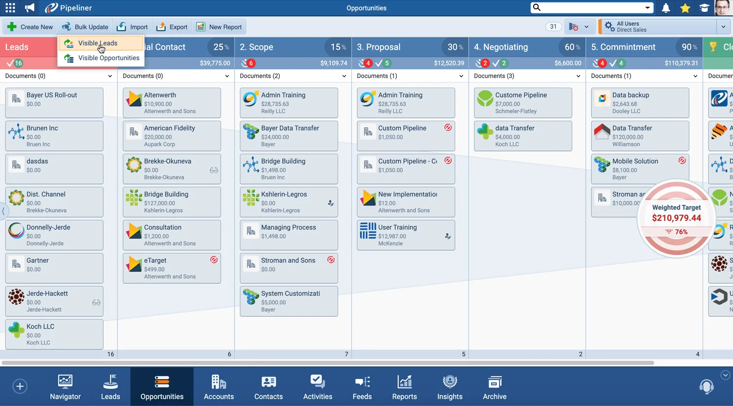 Opportunities pipeline with visible leads and opportunities toggle