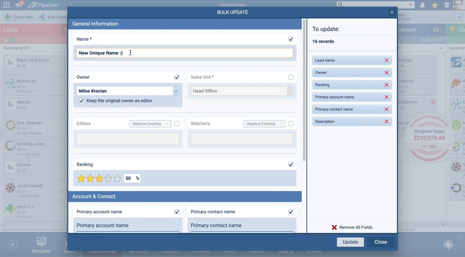 Bulk Update dialog updating 16 records at once