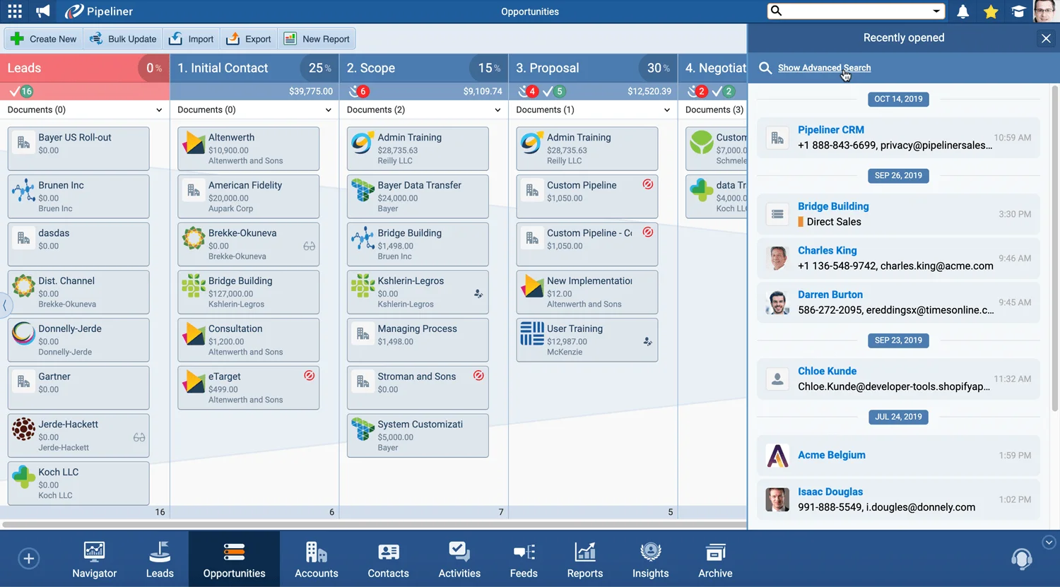 Recently opened records panel from advanced global search