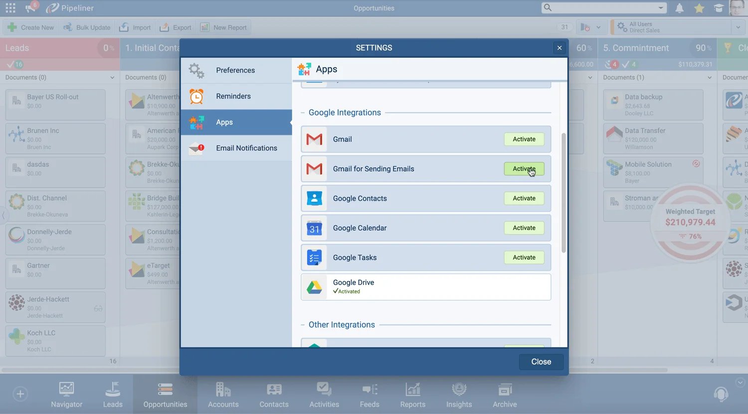 Google integrations in Settings — Gmail for sending emails