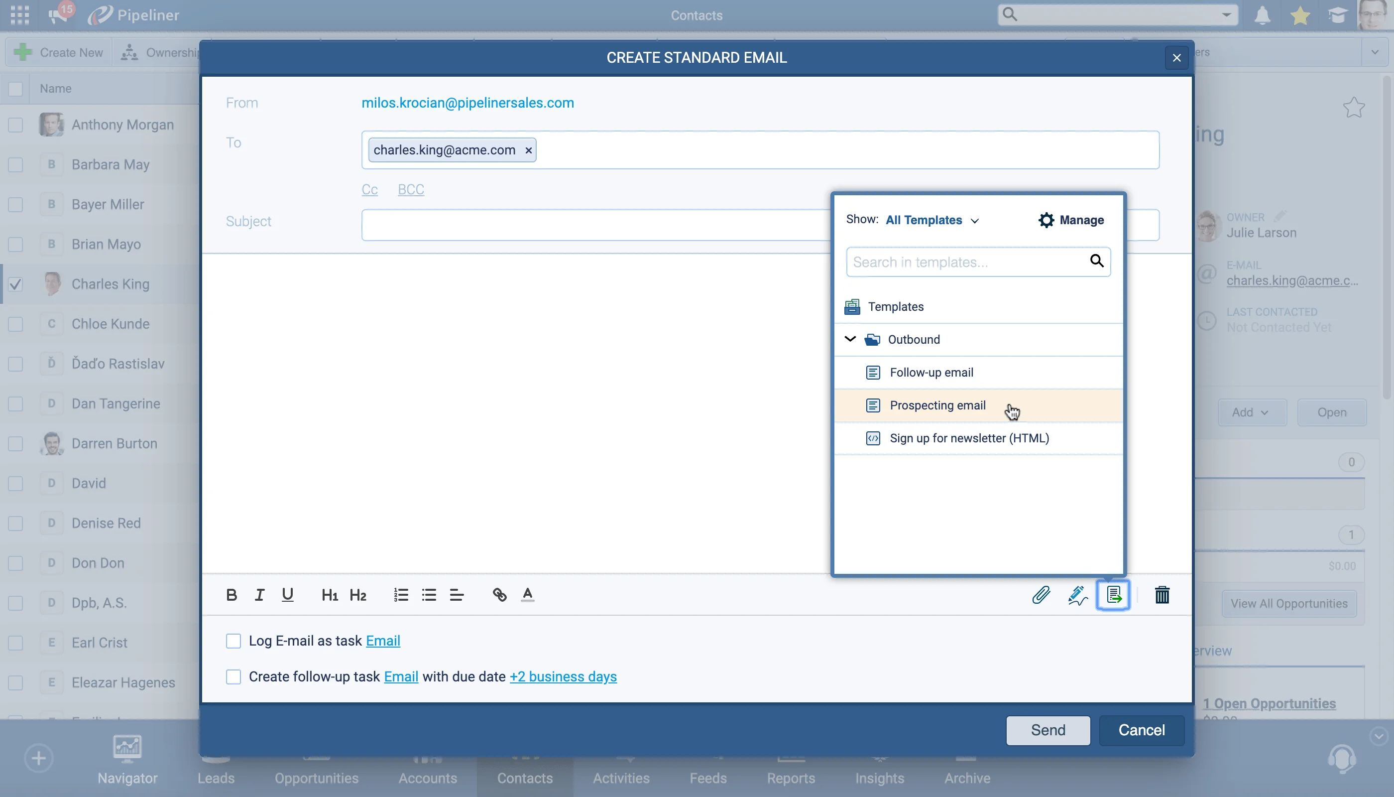 Composing a standard email and logging it as a tracked task