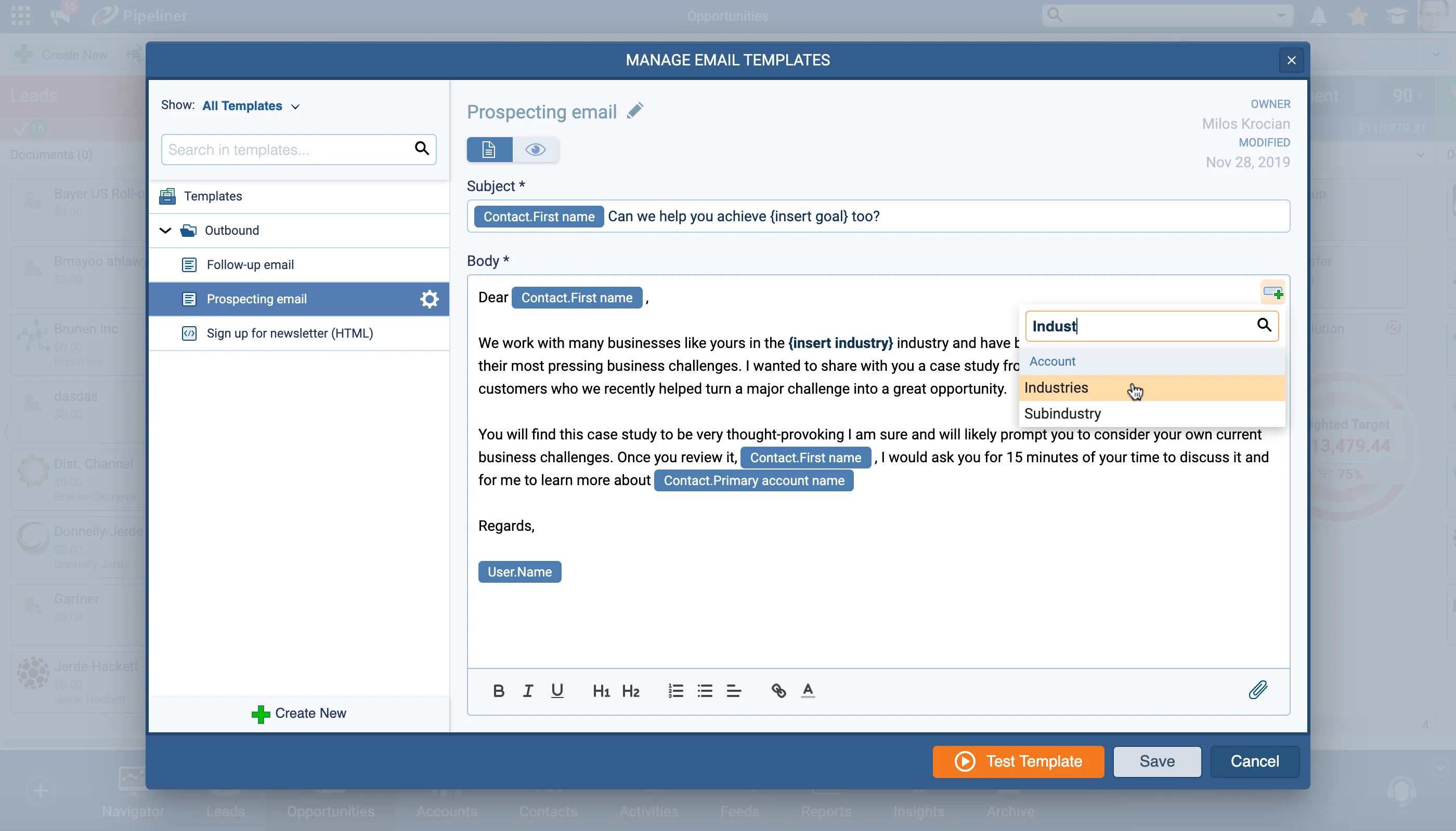 Inserting personalization fields into an email template