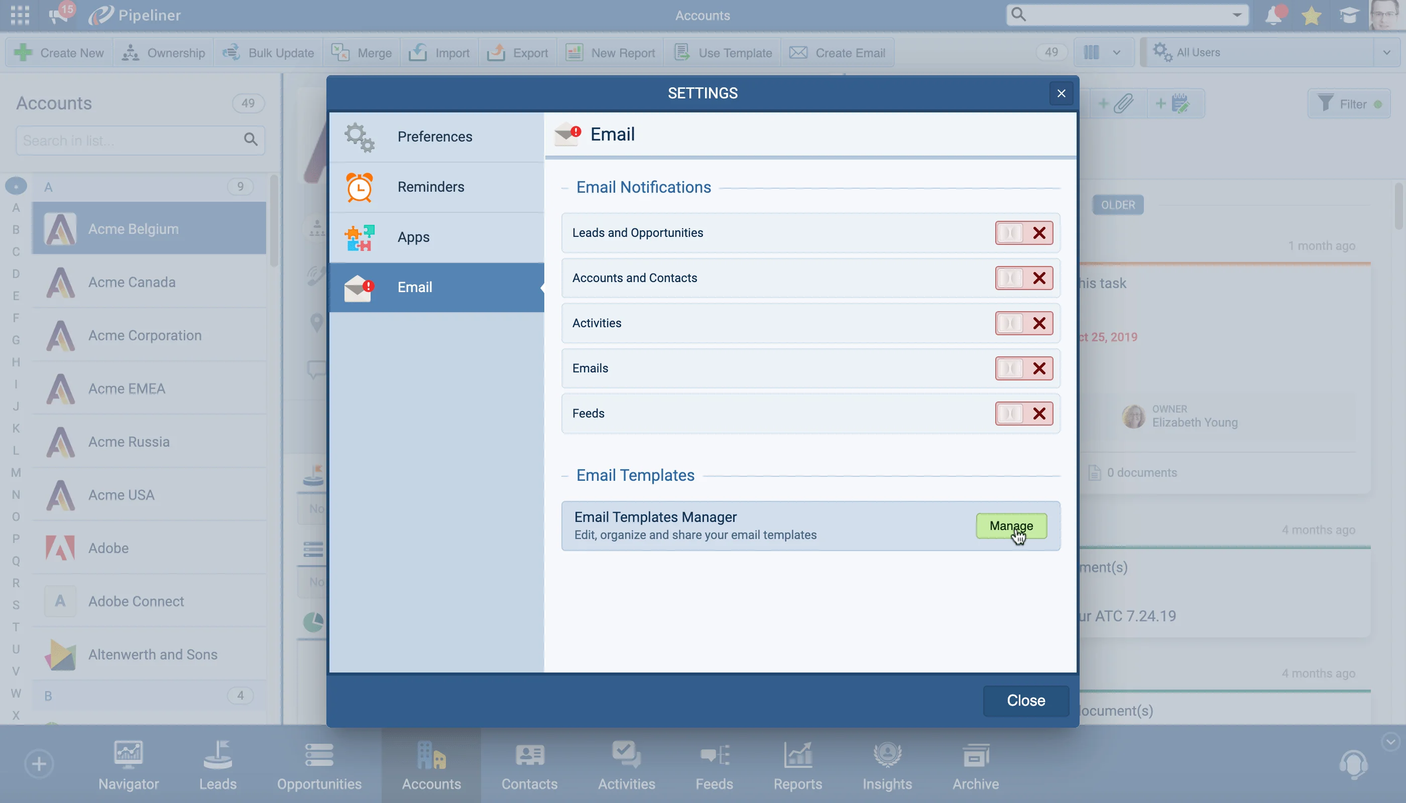 Email notification settings and the Email Templates Manager