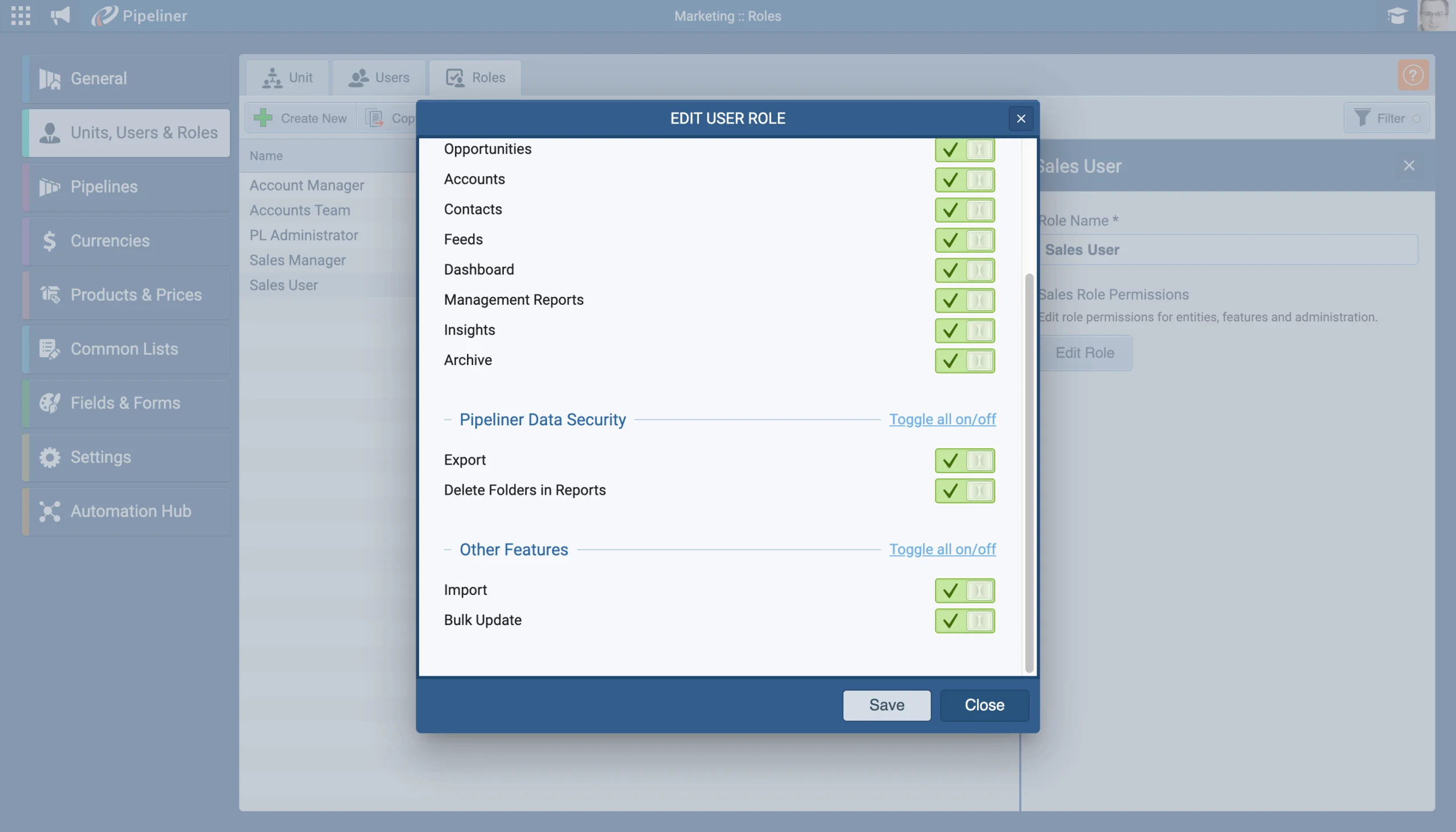 Edit User Role permissions dialog in Units, Users & Roles