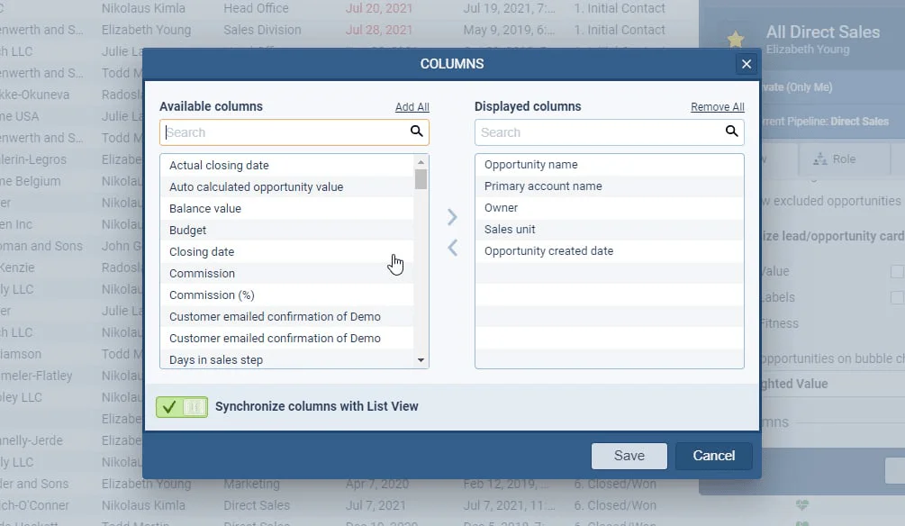 Share column selections when sharing a profile in List View