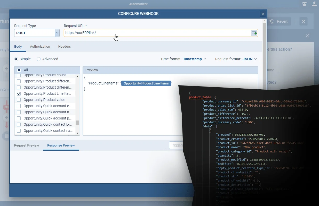 Automatizer — Sending Product Table using Webhooks