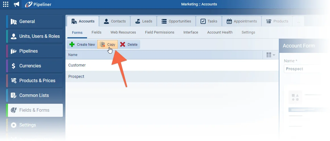 Copying Account /Contact forms