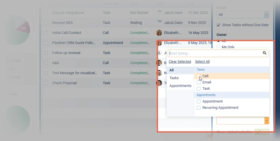Activities Tab Filter