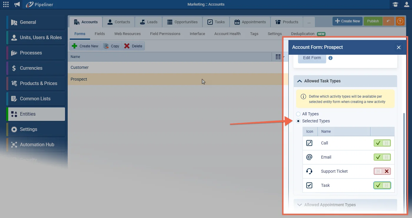 Default Task Activity per Entity Form Type