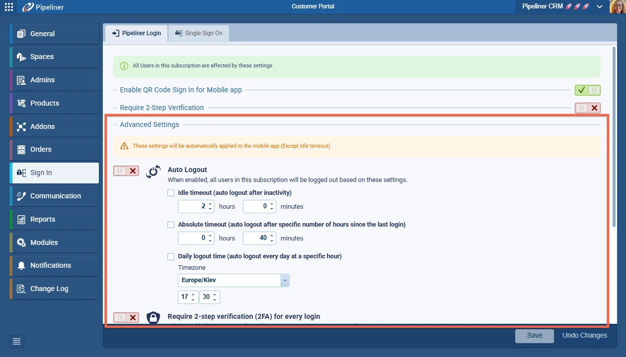 Advanced Sign In Security Settings
