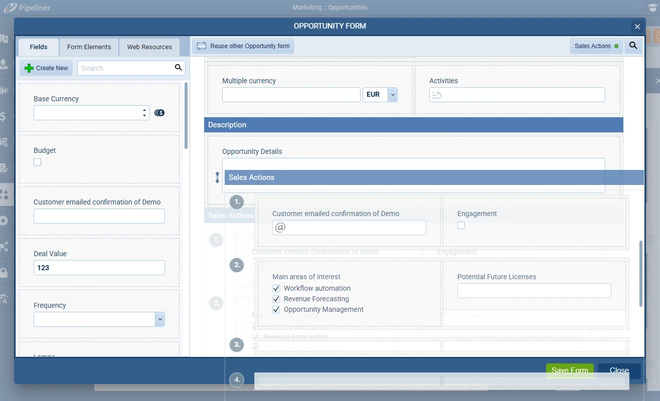 Opportunity Form Sales Actions section is now movable