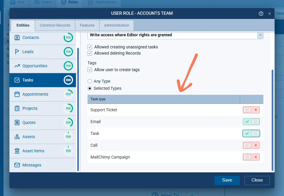 Task and Appointment Type Access by User Role