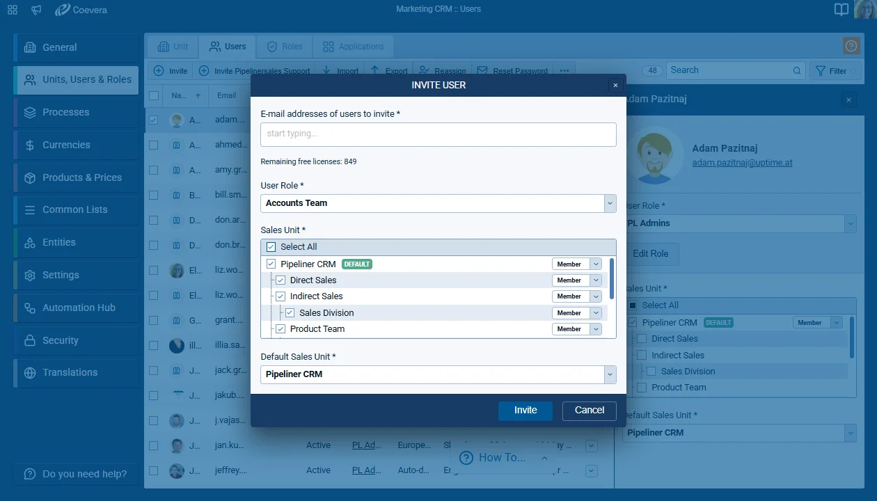 Invite User: Select All for Sales Units