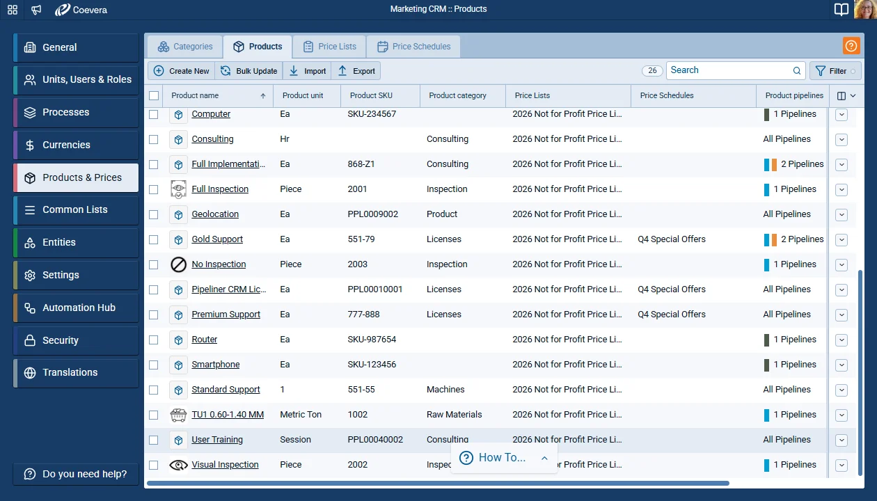 Products: Price Lists and Price Schedules Fields